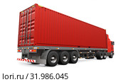 A large retro red truck with a sleeping part and an aerodynamic extension carries a trailer with a sea container. 3d rendering. Стоковая иллюстрация, иллюстратор Владимир Хапаев / Фотобанк Лори