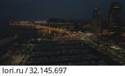 Famous Barceloneta beach on Mediterranean in Barcelona in night lights (2018 год). Стоковое видео, видеограф Яков Филимонов / Фотобанк Лори