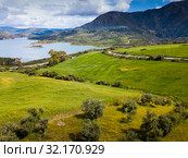 Panoramic view over Embalse de Zahara inland lake, Andalusia, Spain (2019 год). Стоковое фото, фотограф Яков Филимонов / Фотобанк Лори