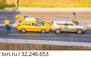 ??????, ??????, 2016: Accident. Collision of two cars on the city street. Text in Russian: Yandex Taxi. Редакционное фото, фотограф Акиньшин Владимир / Фотобанк Лори