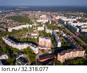 Panoramic view from drone of the residential district city Orekhovo-Zuyevo. Russia (2019 год). Стоковое фото, фотограф Яков Филимонов / Фотобанк Лори