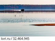 Рыбак на лодке. Река Обь, Село Спирино, Ордынский район, Новосибирская область, Западная Сибирь, Россия (2019 год). Редакционное фото, фотограф Евгений Мухортов / Фотобанк Лори