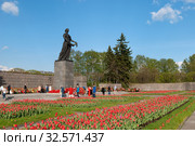 Люди возле монумента Мать-Родина на Пискаревском мемориальном кладбище. Санкт-Петербург (2019 год). Редакционное фото, фотограф Румянцева Наталия / Фотобанк Лори