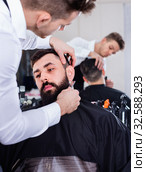 Male hairdresser accurately cutting beard of client. Стоковое фото, фотограф Яков Филимонов / Фотобанк Лори