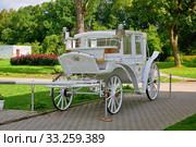 Belarus, Zalesie August 2019. An old carriage for walking. The carriage is white. Редакционное фото, фотограф Artem Sobov / Фотобанк Лори