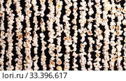 Garlands of popcorn. Background from popcorn for sports and movie news. Popcorn vertically hanging on black background. 4K video. Стоковое видео, видеограф Dmitry Domashenko / Фотобанк Лори