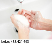 Washing of female hands with soap in bathroom. Стоковое фото, фотограф Оксана Кузьмина / Фотобанк Лори