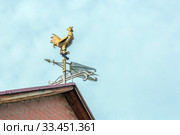 Decorative metal weather vane in the form of a rooster on the roof of the house as a symbol of dawn and the guard. Стоковое фото, фотограф Акиньшин Владимир / Фотобанк Лори