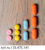 Concept graphics of multi-colored tablets. Graph of the increase in the incidence of viral infection COVID-19. Стоковое фото, фотограф Artem Sobov / Фотобанк Лори