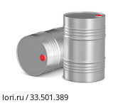 two metallic barrels on white background. Isolated 3D illustration. Стоковая иллюстрация, иллюстратор Ильин Сергей / Фотобанк Лори