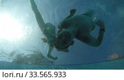 a boy and a girl simultaneously dive into the pool and climb out on the side. Shooting under water. Стоковое видео, видеограф Aleksandr Sulimov / Фотобанк Лори