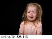 Portrait of Crying, Yelling, Abused Helpless Baby Girl After Family Conflict. Got Lost. In Difficulty. Family Conflict, Violence, Injustice, Unfairness. Стоковое фото, фотограф Иван Карпов / Фотобанк Лори