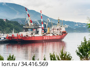 Russian cargo container ship nuclear-powered icebreaker Sevmorput Corporation FSUE Atomflot or Rosatomflot. Container terminal commercial seaport. Pacific Ocean (2019 год). Редакционное фото, фотограф А. А. Пирагис / Фотобанк Лори