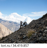 Охотники на склоне горы подкрадываются к животным. Стоковое фото, фотограф Олег Елагин / Фотобанк Лори