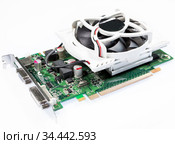 Graphic card or video card with large cooler, a white background. Стоковое фото, фотограф Кекяляйнен Андрей / Фотобанк Лори