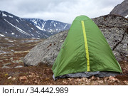Green waterproof and windproof tent for hiking is in mountains at windy weather, standing behind big stone for protection from the wind, copyspace. Стоковое фото, фотограф Кекяляйнен Андрей / Фотобанк Лори