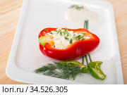 Photography of plate with pepper stuffed with brynza. Стоковое фото, фотограф Яков Филимонов / Фотобанк Лори