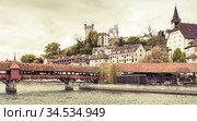 Lucerne town view with old fortifications, Switzerland (2017 год). Стоковое фото, фотограф EugeneSergeev / Фотобанк Лори