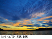 Beautiful fiery sunset. Lake Keret, Northern Karelia, Russia. Стоковое фото, фотограф Сергей Трофименко / Фотобанк Лори