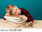 tired school boy asleep on books. little student sleeping on textbooks. Child in school uniform lies on the table with big pile of books against blue wall. Eyes closed. School concept. Стоковое фото, фотограф Nataliia Zhekova / Фотобанк Лори