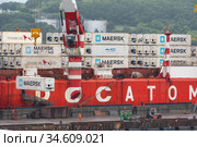 Crane unloaded container cargo ship Sevmorput Rosatomflot - Russian nuclear-powered icebreaker lighter aboard ship carrier (2019 год). Редакционное фото, фотограф А. А. Пирагис / Фотобанк Лори