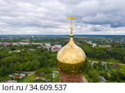 Golden dome with a cross of the bell tower of the Church of the Resurrection of Christ in Vichuga, Ivanovo region. Russia. (2020 год). Стоковое фото, фотограф Валерий Смирнов / Фотобанк Лори