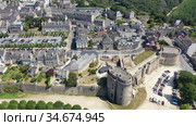 Scenic aerial view of walled Breton town of Dinan on sunny summer day, France. Стоковое видео, видеограф Яков Филимонов / Фотобанк Лори
