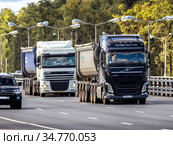 Тяжелые самосвалы Volvo FH и DAF XF на многополосном шоссе. Редакционное фото, фотограф Сайганов Александр / Фотобанк Лори
