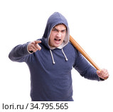 Young man hooligan with baseball bat isolated on white. Стоковое фото, фотограф Elnur / Фотобанк Лори
