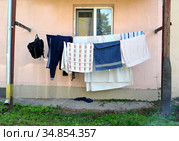 Постиранное белье сушится на веревках на фоне жилого дома. Стоковое фото, фотограф Ирина Борсученко / Фотобанк Лори