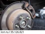 Old thin ventilated brake disk with used brake pads are ready for replacing, close up view. Стоковое фото, фотограф Кекяляйнен Андрей / Фотобанк Лори