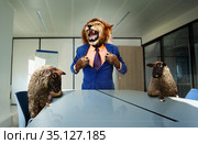 Angry boss lion in the suit with sheep employees. Стоковое фото, фотограф Сергей Новиков / Фотобанк Лори