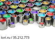 Open paint cans placed close to each other. Сolor palette concept. Стоковая иллюстрация, иллюстратор Маринченко Александр / Фотобанк Лори