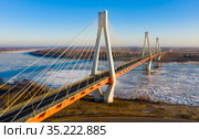 Aerial view of the cable-stayed Murom bridge over the Oka river. Стоковое фото, фотограф Яков Филимонов / Фотобанк Лори