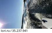 Rear view from riding motorboat, which leaves a wake in the water surface, sunny blue sky on large forest lake. Vertical video. Стоковое видео, видеограф Кекяляйнен Андрей / Фотобанк Лори
