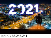 Business man on future night city. New Year 2021 (2020 год). Стоковое фото, фотограф Евгений Ткачёв / Фотобанк Лори