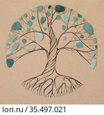Transitory art arrangement - tree drawn on craft paper and and assortment of seaglass collected on beaches of Gran Canaria, representing seasonal change. Стоковая иллюстрация, иллюстратор Tamara Kulikova / Фотобанк Лори