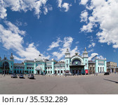 Panorama of the Belorusskiy railway station (written in Russian)-- is one of the nine main railway stations in Moscow, Russia. It was opened in 1870 and rebuilt in its current form in 1907-1912 (2016 год). Редакционное фото, фотограф Владимир Журавлев / Фотобанк Лори