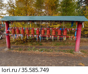 Восточные Саяны, Бурятия. Молитвенные барабаны в поселке Аршан. Eastern Sayans, Buryatia. A prayer wheels on the territory of sanatorium in Arshan settlement. Стоковое фото, фотограф Евгений Романов / Фотобанк Лори