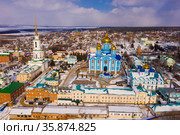 Aerial view of the Nativity-Bogoroditsky monastery surrounded by residential buildings in Zadonsk. Стоковое фото, фотограф Яков Филимонов / Фотобанк Лори