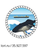 Logo emblem with gray whale and whaling ship. Стоковая иллюстрация, иллюстратор Валентина Шибеко / Фотобанк Лори