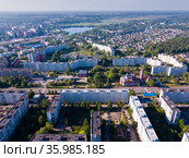View from drone of Orekhovo-Zuyevo with Cathedral of Nativity of Blessed Virgin. Стоковое фото, фотограф Яков Филимонов / Фотобанк Лори