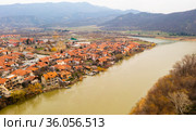 Aerial view of Mtskheta at confluence of Mtkvari and Aragvi rivers, Georgia. Стоковое фото, фотограф Яков Филимонов / Фотобанк Лори