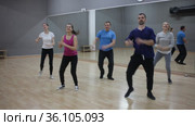 Cheerful people practicing vigorous lindy hop movements in dance class. Стоковое видео, видеограф Яков Филимонов / Фотобанк Лори