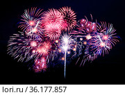 Beautiful fireworks in night sky. Стоковое фото, фотограф ElenArt / Фотобанк Лори