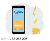 Concept of paying for air ticket online and saving money. Phone with app and coins. Стоковая иллюстрация, иллюстратор Allika / Фотобанк Лори