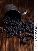 Fresh blueberries are pouring out of mug on a wooden background. Стоковое фото, фотограф Александр Иванов / Фотобанк Лори