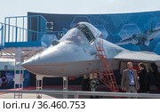 Российский многофункциональный истребитель пятого поколения Сухой Су-57Э (Т-50, ПАК ФА) в экспозиции на авиасалоне МАКС-2019 в Жуковском, Россия, фрагмент слева. Редакционное фото, фотограф Малышев Андрей / Фотобанк Лори
