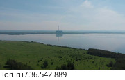 Aerial drone view of lake landscape with road. Стоковое видео, видеограф Jan Jack Russo Media / Фотобанк Лори