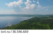 Aerial drone view of lake landscape with road. Стоковое видео, видеограф Jan Jack Russo Media / Фотобанк Лори
